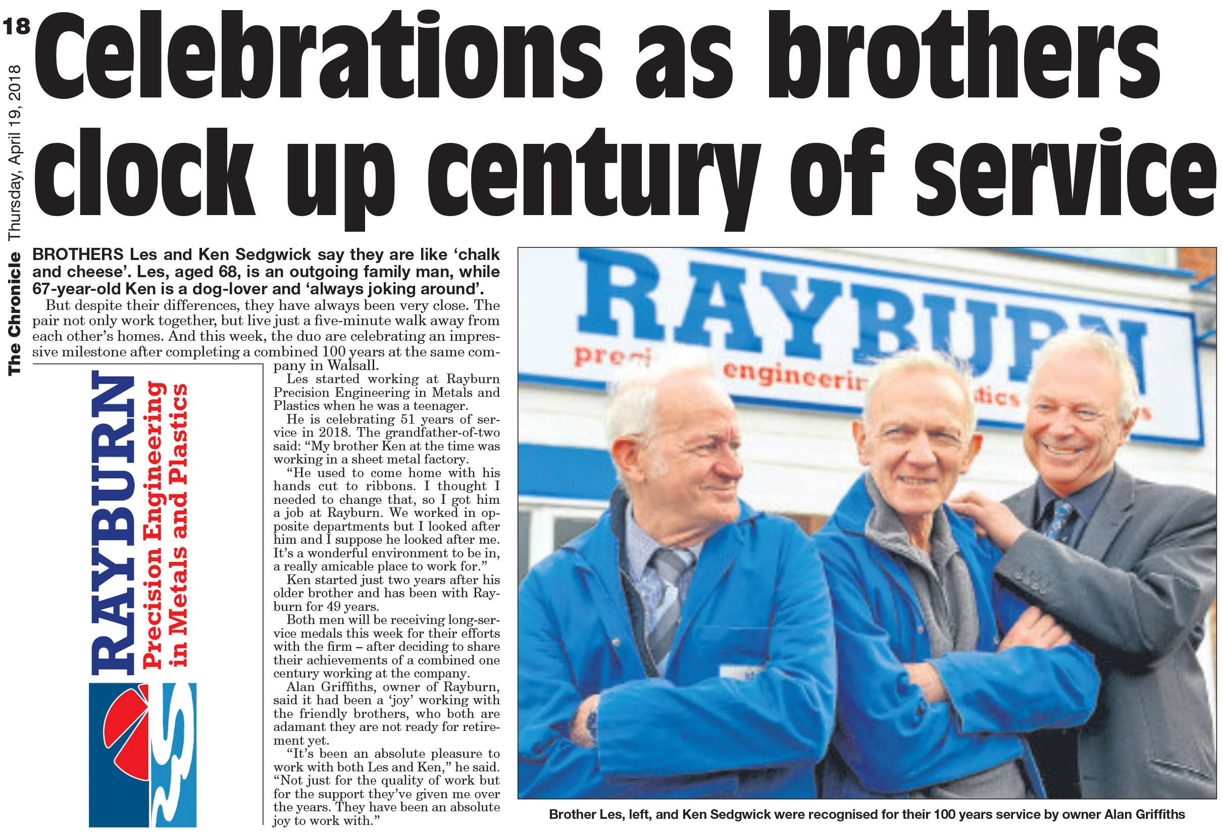 KEN AND LES SEDGWICK BROTHERS CELEBRATE 100 YEARS OF SERVICE